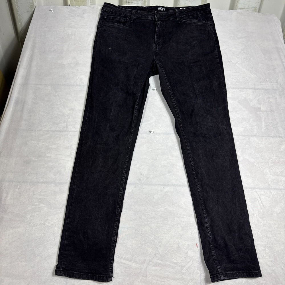 Dkny Mens Straight Leg Jeans Black Denim Drak Wash Everyday Comfort Size 36x34